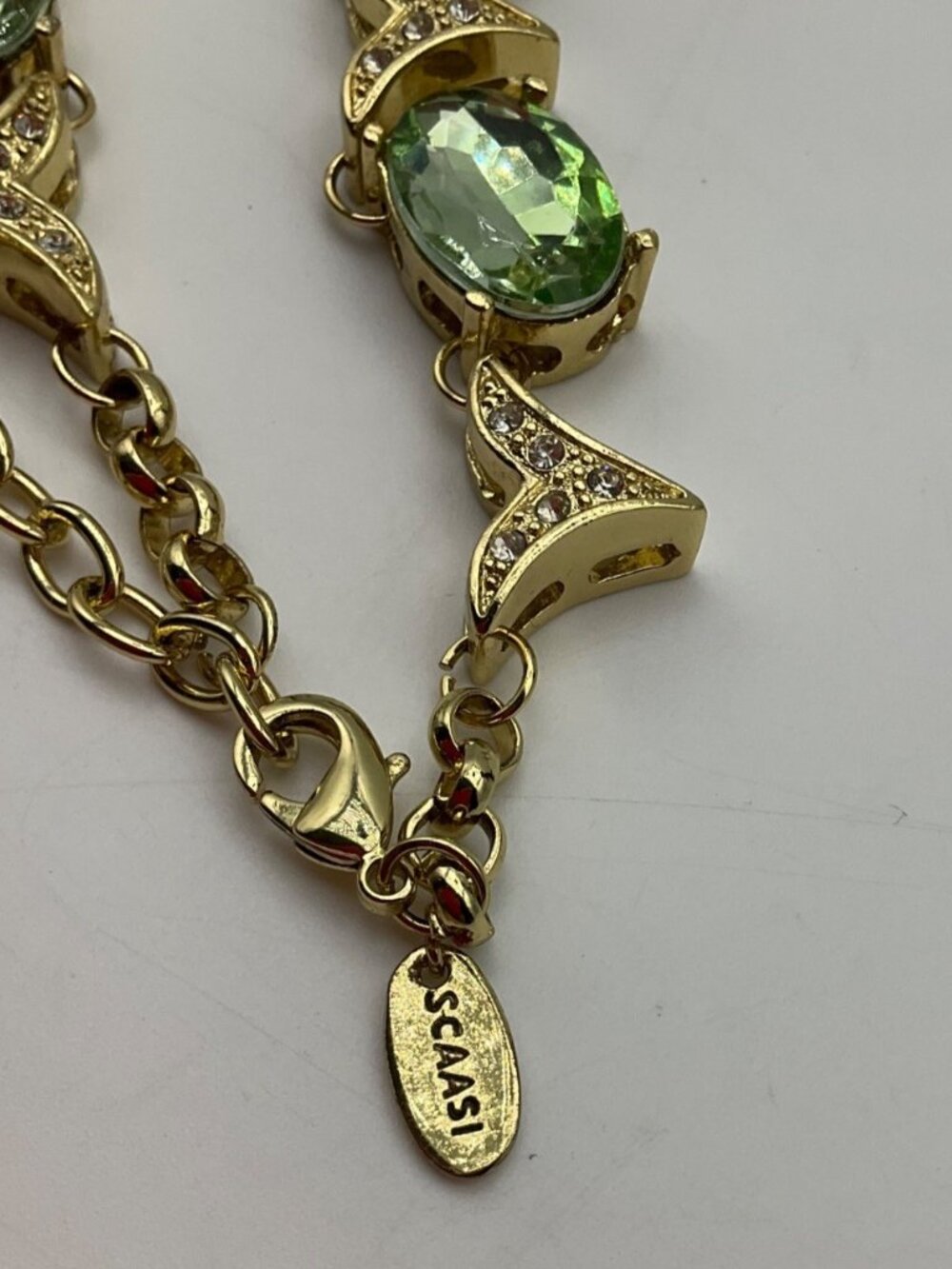 Vintage 60's Arnold Scaasi Cn Signed Gold-Tone Necklace Green Clear Crystals Adj - Picture 5 of 11
